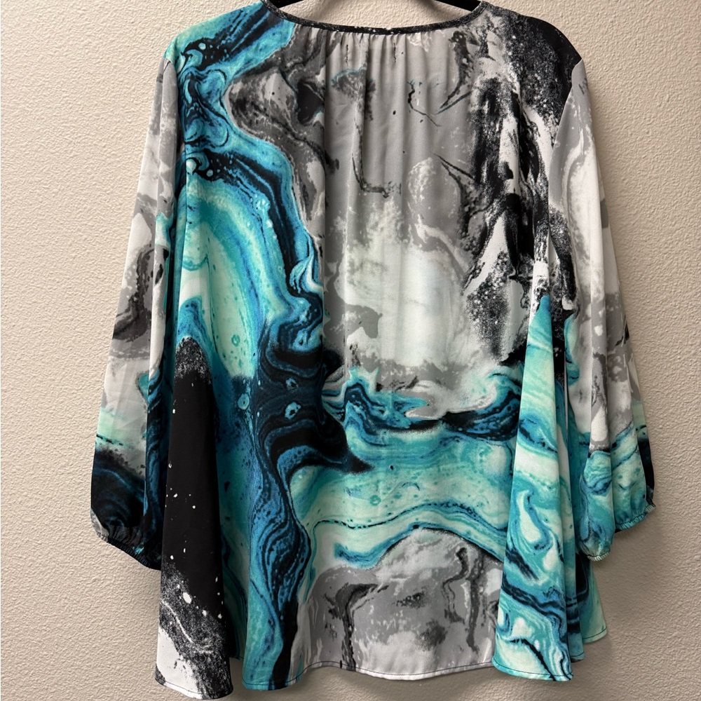 Valerie Stevens Teal Gray Abstract Blouse L Tie Neck Career Chic Top - Picture 6 of 9